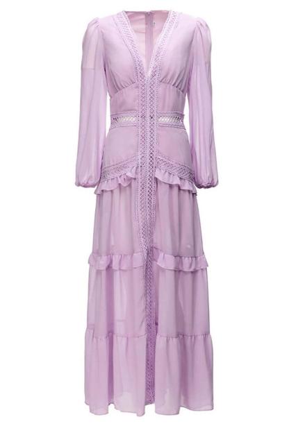 Solid Lace V-Neck Frill Midi Dress