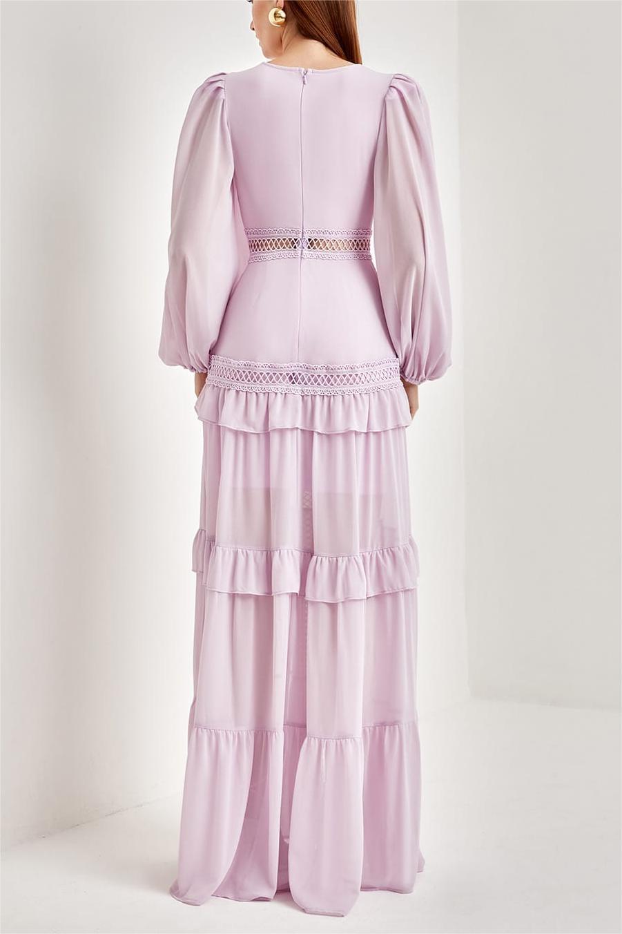 Solid Lace V-Neck Frill Midi Dress