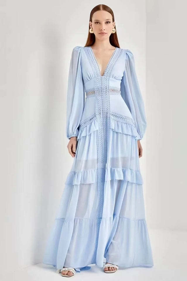 Solid Lace V-Neck Frill Midi Dress