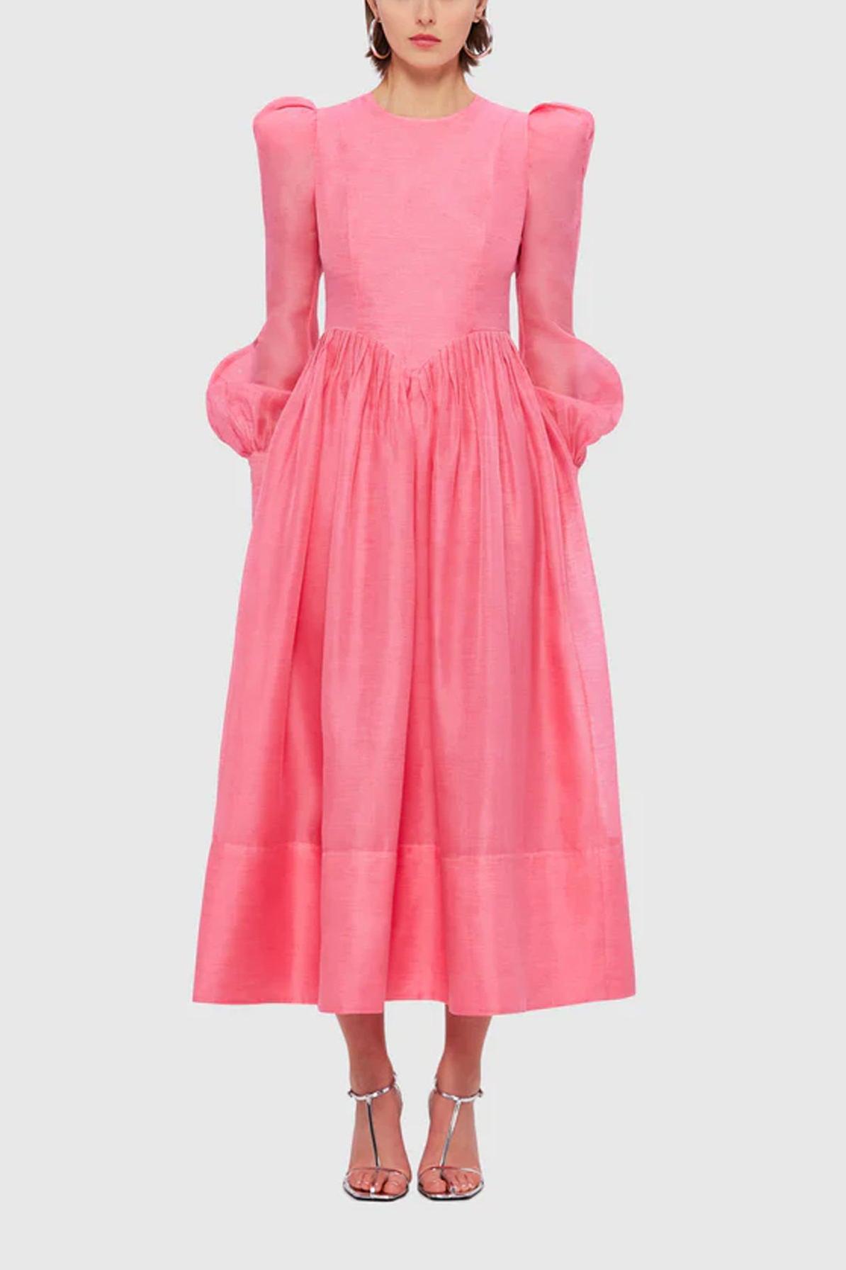 Solid Lantern Sleeve Round Neck Midi Dress