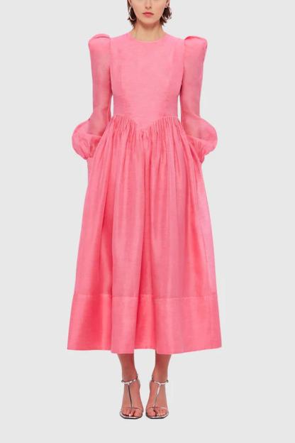 Solid Lantern Sleeve Round Neck Midi Dress