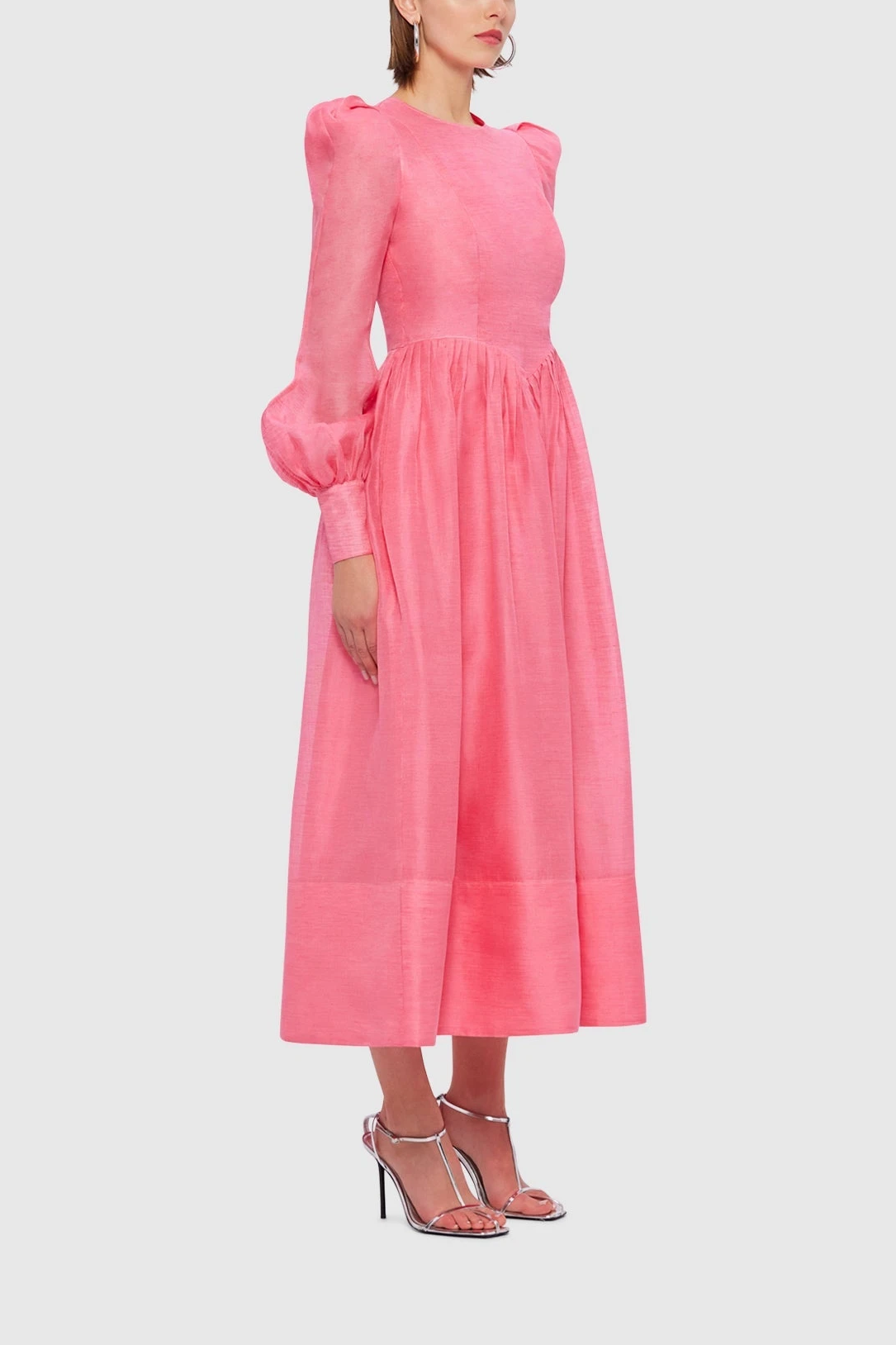 Solid Lantern Sleeve Round Neck Midi Dress