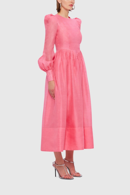 Solid Lantern Sleeve Round Neck Midi Dress