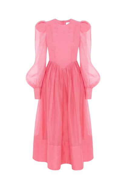 Solid Lantern Sleeve Round Neck Midi Dress