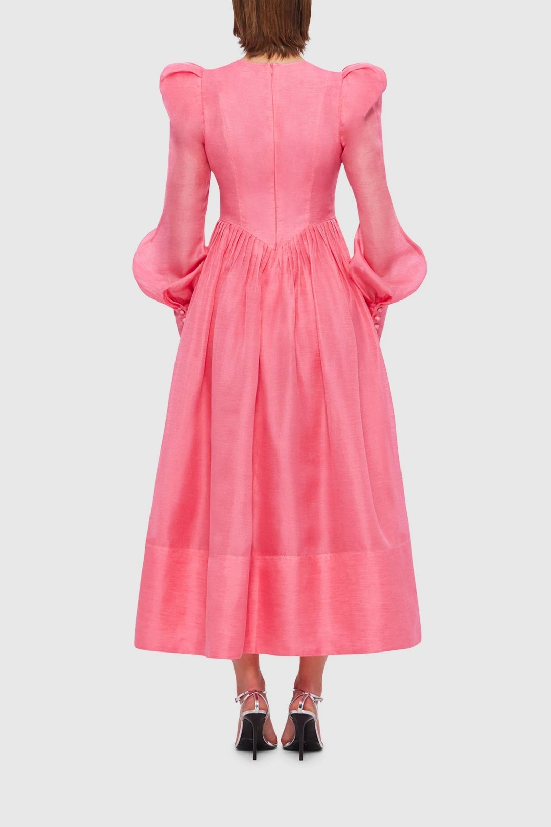 Solid Lantern Sleeve Round Neck Midi Dress