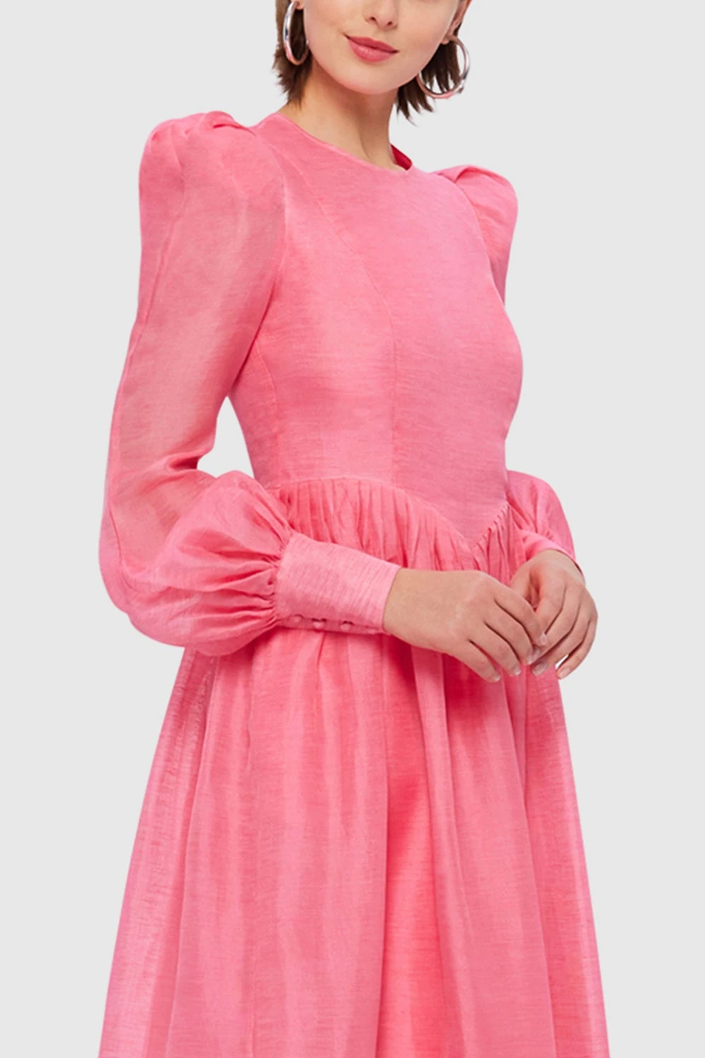 Solid Lantern Sleeve Round Neck Midi Dress