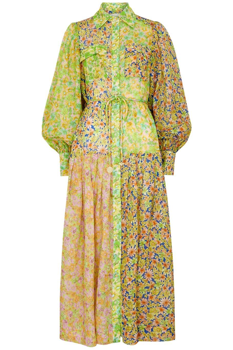 Floral Lantern Sleeve Bottom Midi Dress With Belt