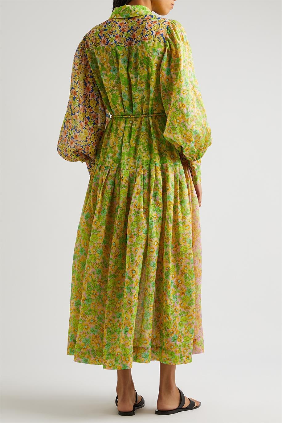 Floral Lantern Sleeve Bottom Midi Dress With Belt