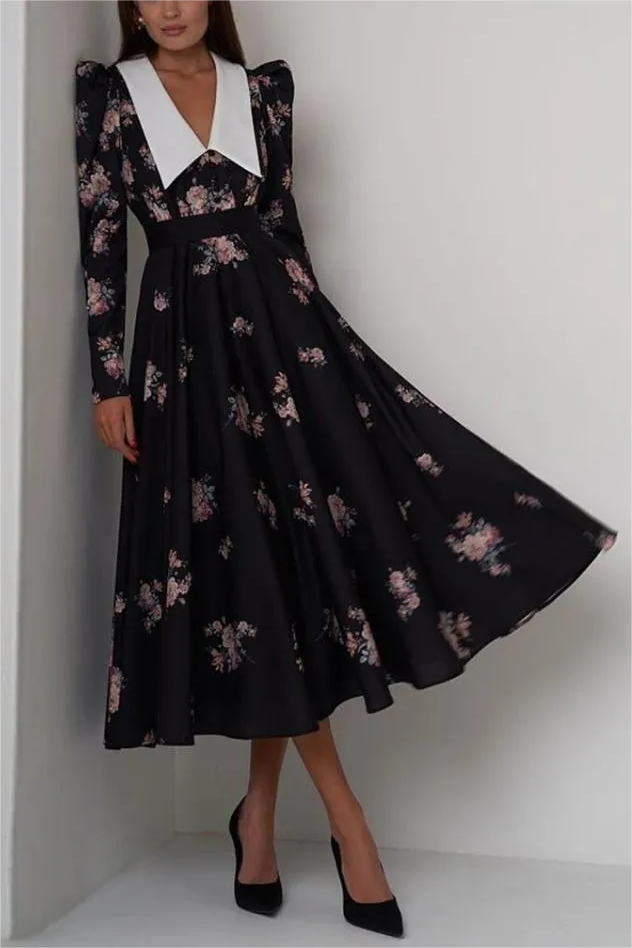 Floral Contrast Collar Puff Sleeve Midi Dress