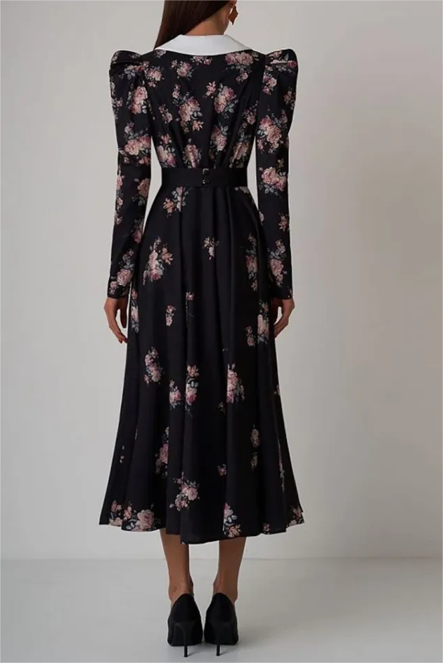 Floral Contrast Collar Puff Sleeve Midi Dress