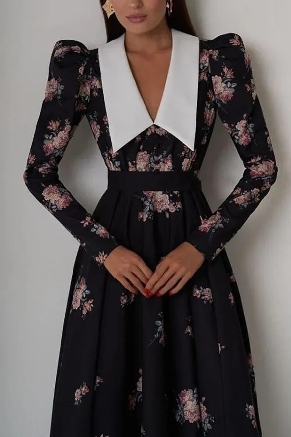 Floral Contrast Collar Puff Sleeve Midi Dress