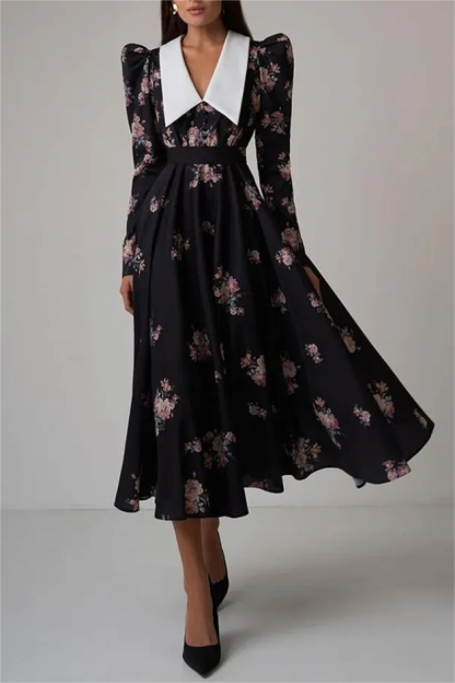 Floral Contrast Collar Puff Sleeve Midi Dress