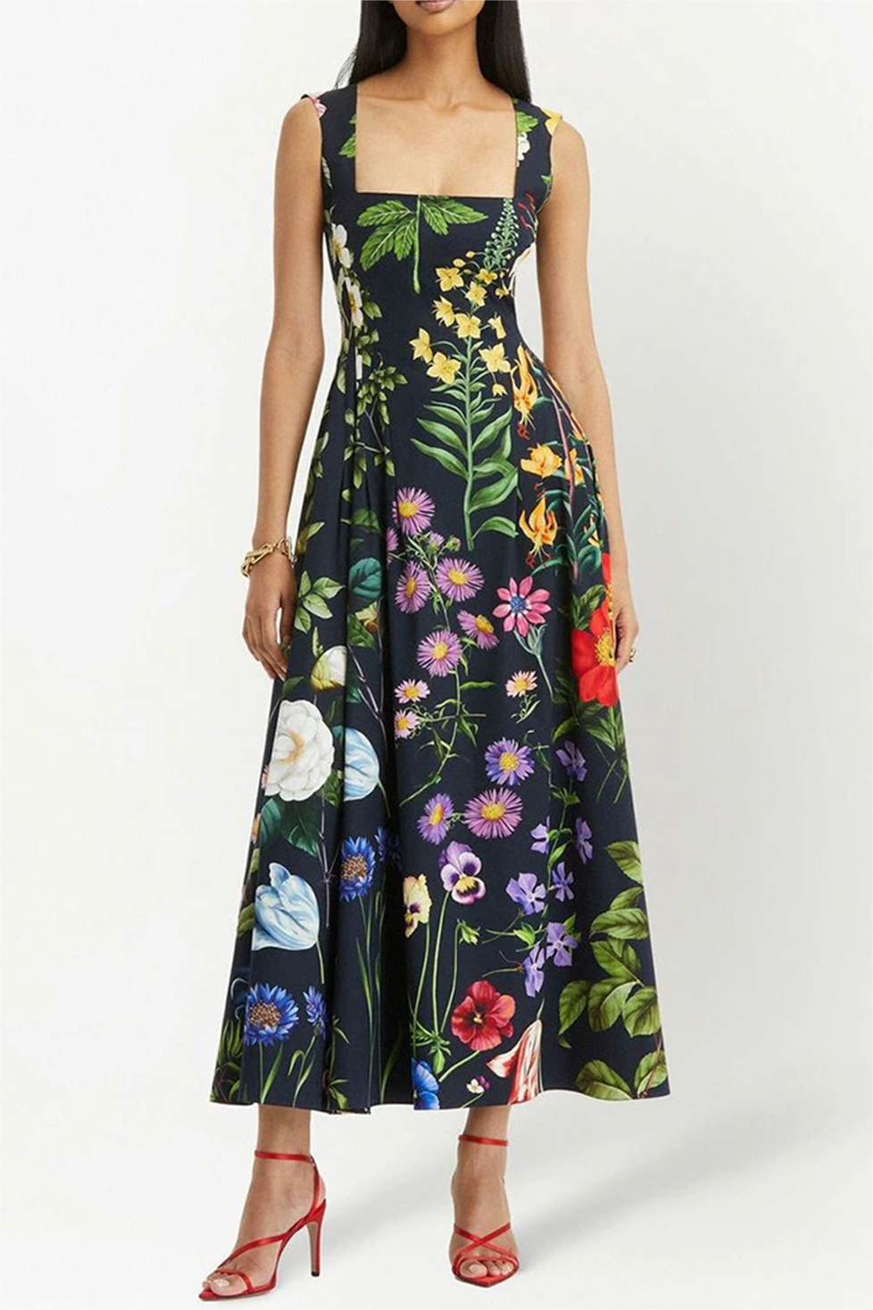 Floral Rhinestone Embroidered Sleeveless Midi Dress