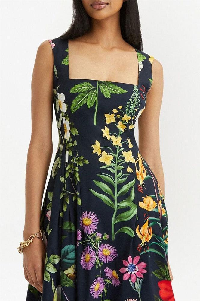 Floral Rhinestone Embroidered Sleeveless Midi Dress