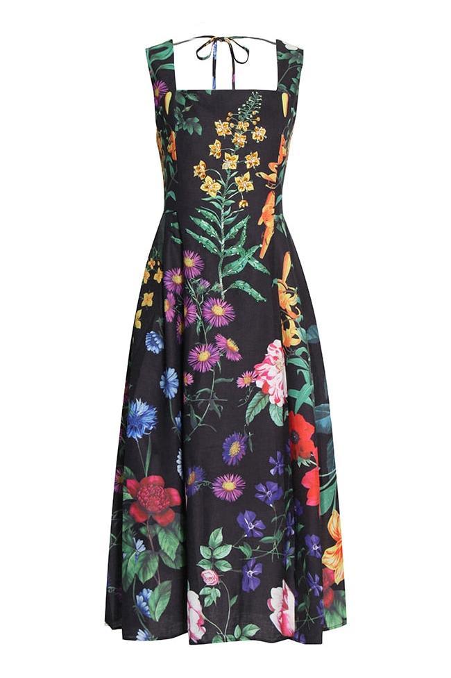 Floral Rhinestone Embroidered Sleeveless Midi Dress