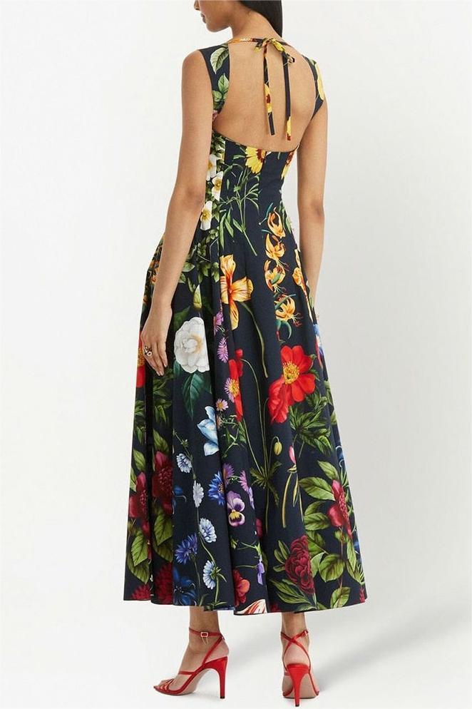 Floral Rhinestone Embroidered Sleeveless Midi Dress