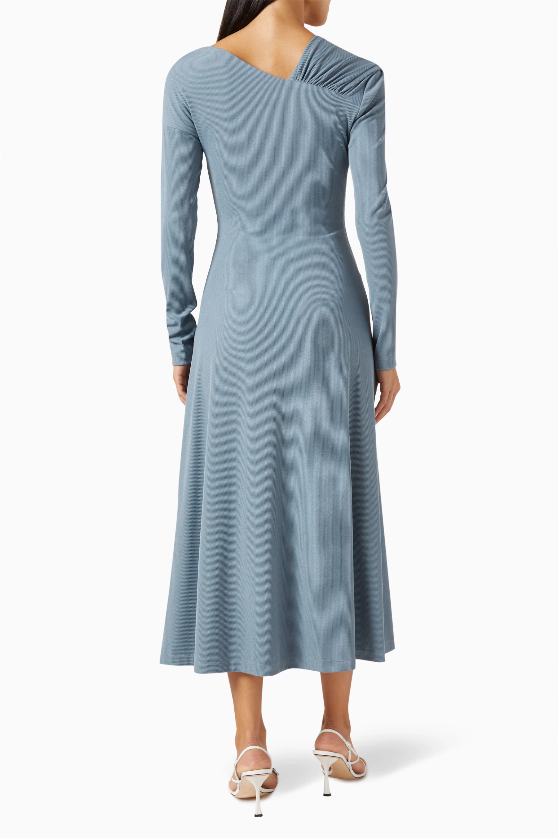 Jersey Solid Ruched Long Sleeve Midi Dress