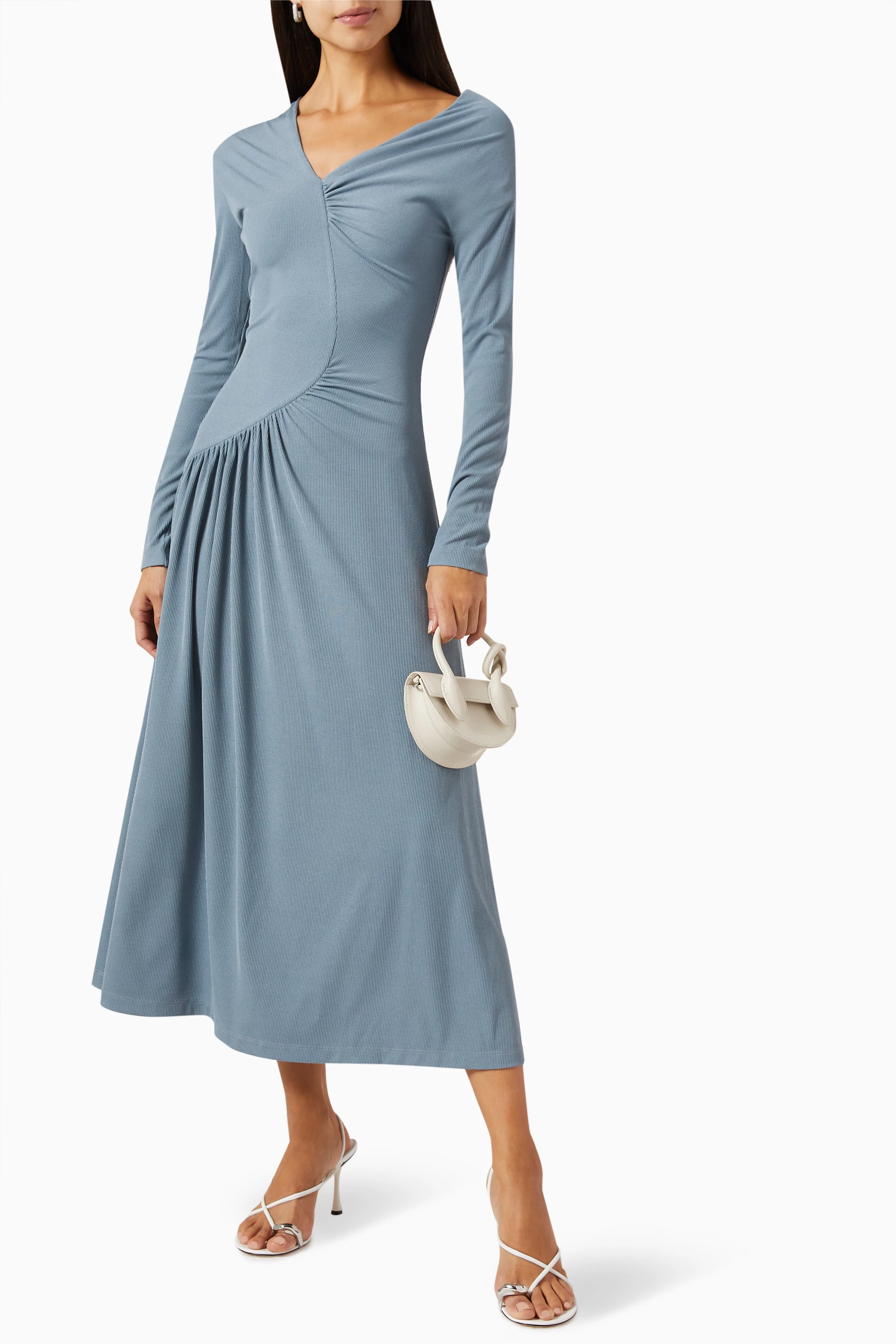 Jersey Solid Ruched Long Sleeve Midi Dress