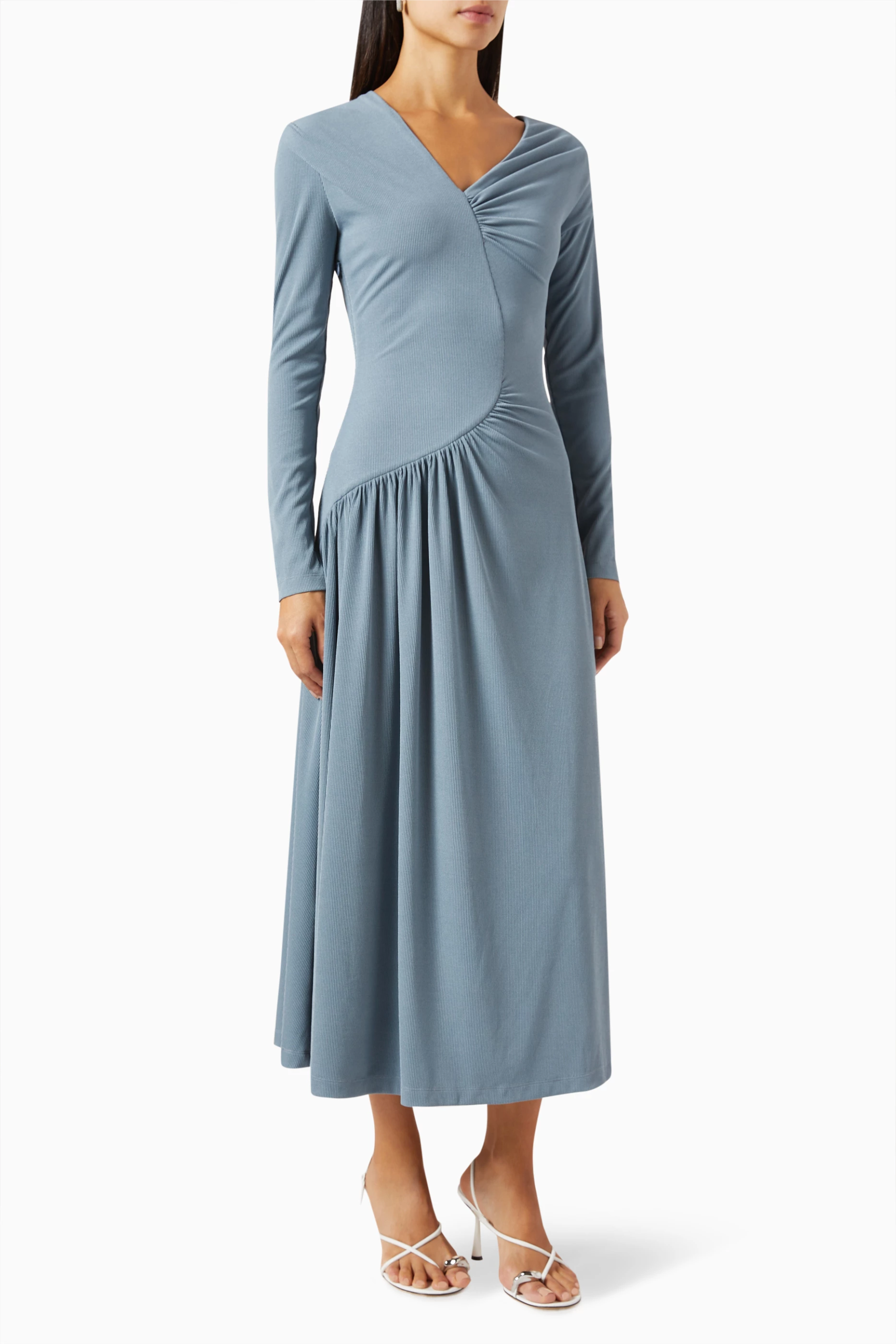 Jersey Solid Ruched Long Sleeve Midi Dress