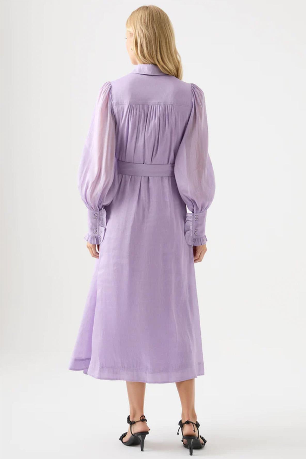 Solid Lantern Sleeve Frill Midi Dress With Belt
