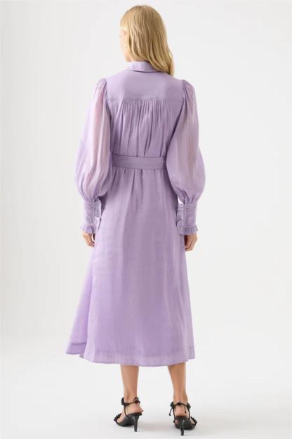 Solid Lantern Sleeve Frill Midi Dress With Belt