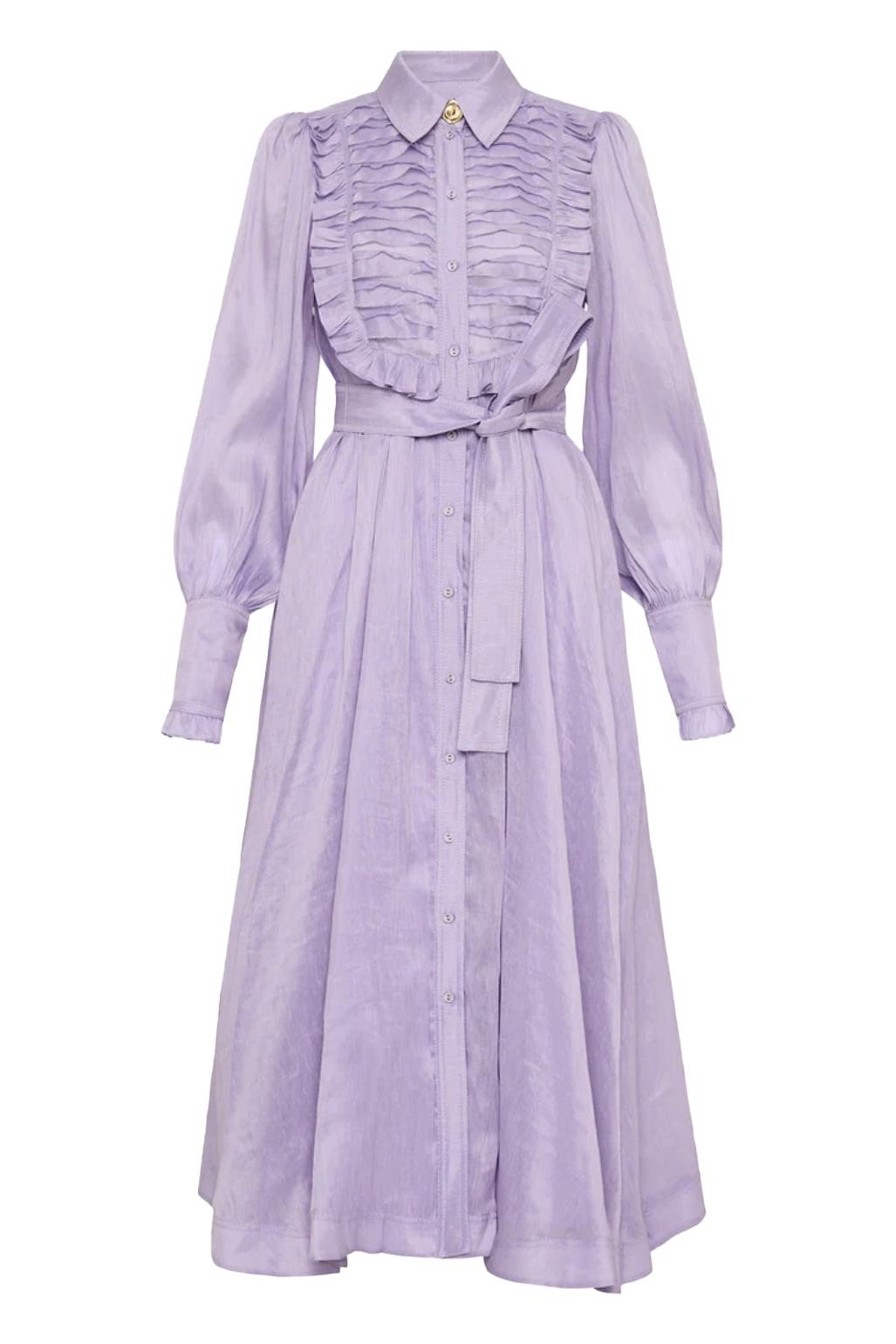 Solid Lantern Sleeve Frill Midi Dress With Belt