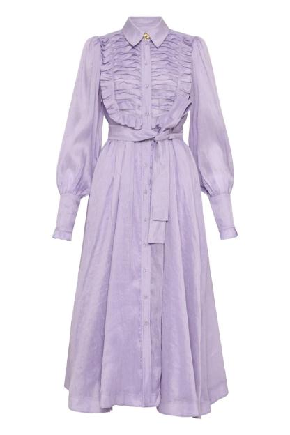 Solid Lantern Sleeve Frill Midi Dress With Belt