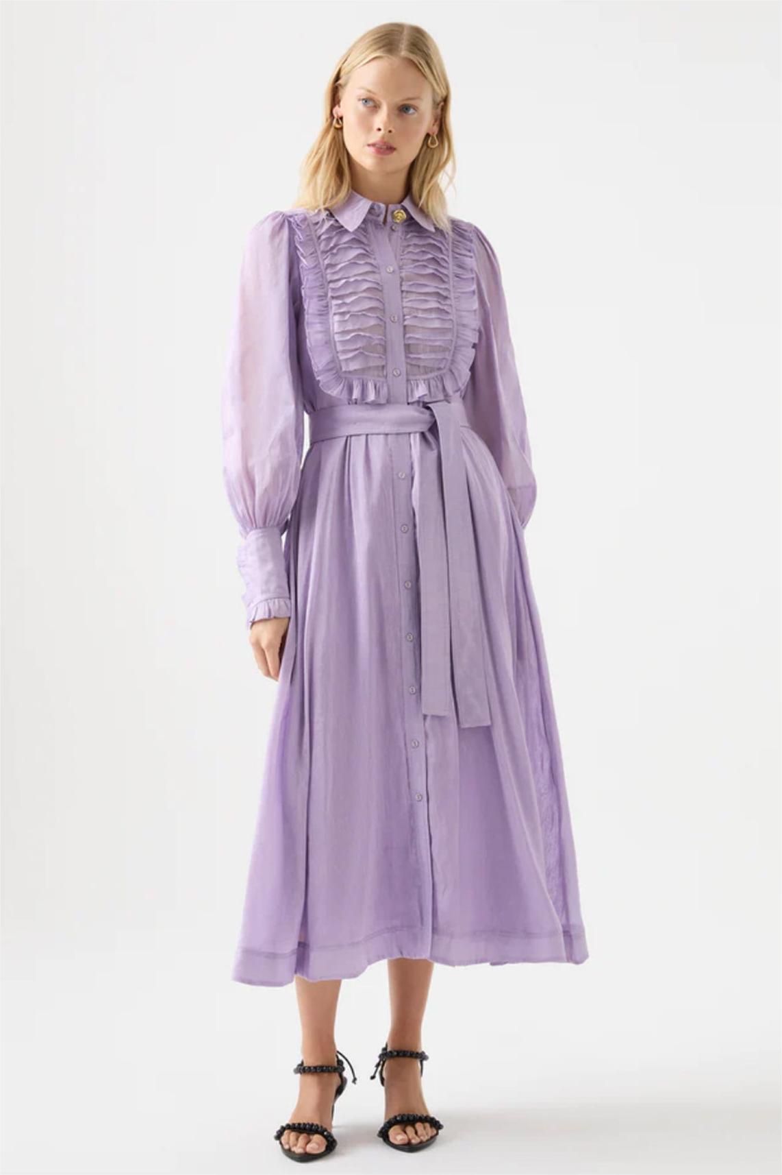 Solid Lantern Sleeve Frill Midi Dress With Belt