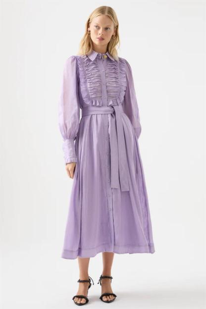 Solid Lantern Sleeve Frill Midi Dress With Belt