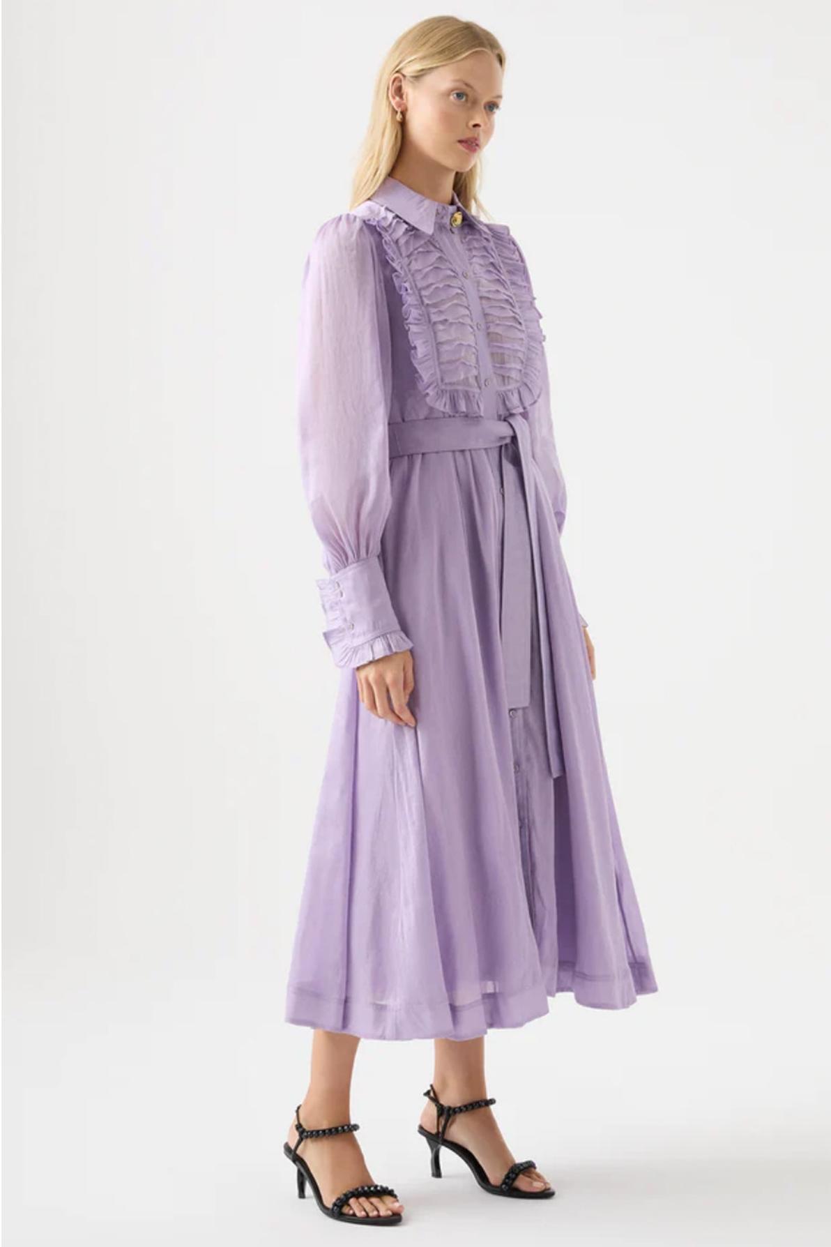 Solid Lantern Sleeve Frill Midi Dress With Belt