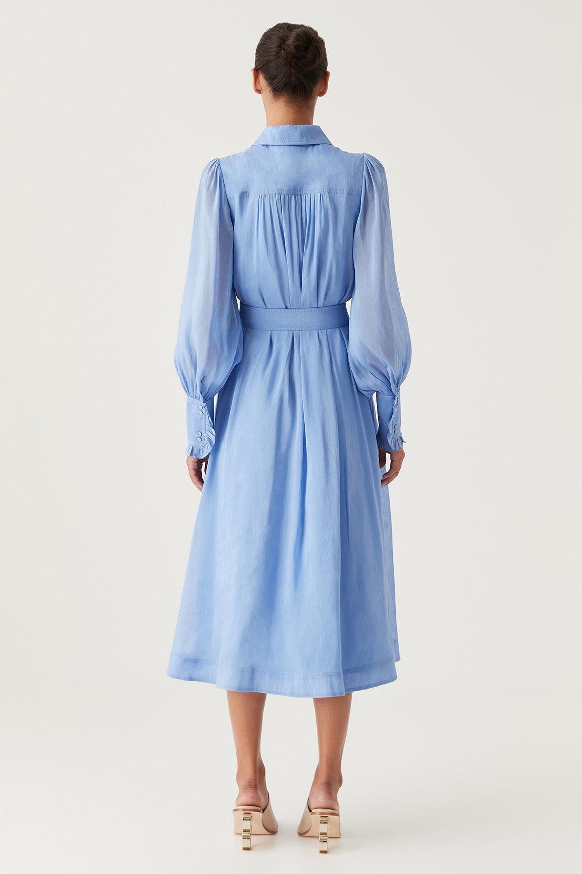 Solid Lantern Sleeve Frill Midi Dress With Belt