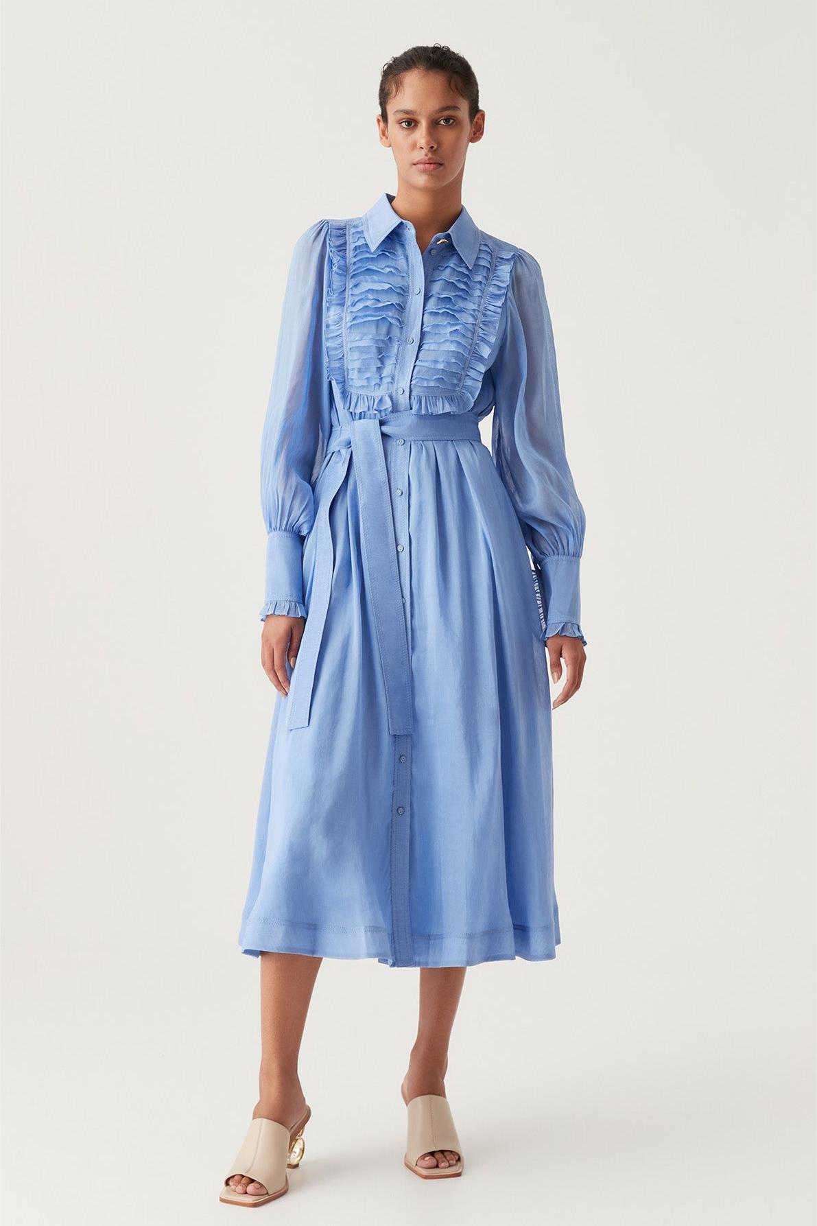 Solid Lantern Sleeve Frill Midi Dress With Belt