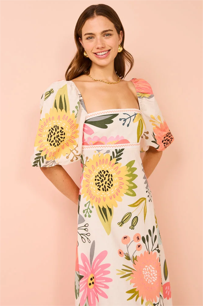 Floral Puff Sleeve Square Neck Midi Dress
