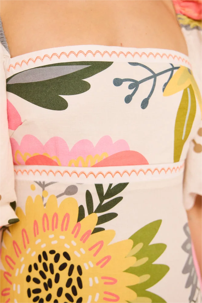 Floral Puff Sleeve Square Neck Midi Dress