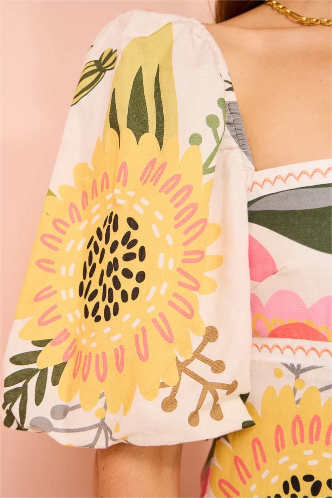 Floral Puff Sleeve Square Neck Midi Dress