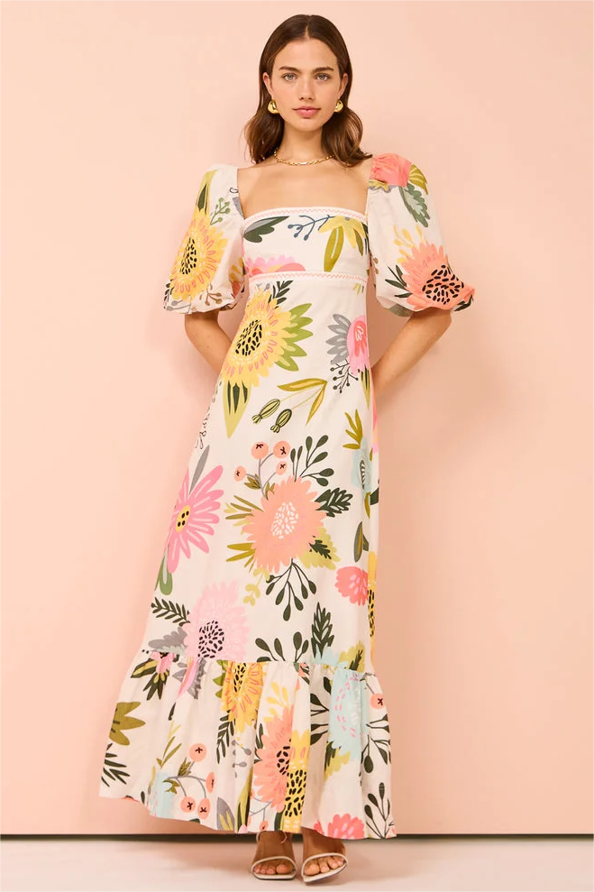 Floral Puff Sleeve Square Neck Midi Dress