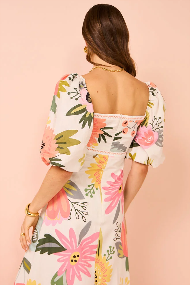 Floral Puff Sleeve Square Neck Midi Dress