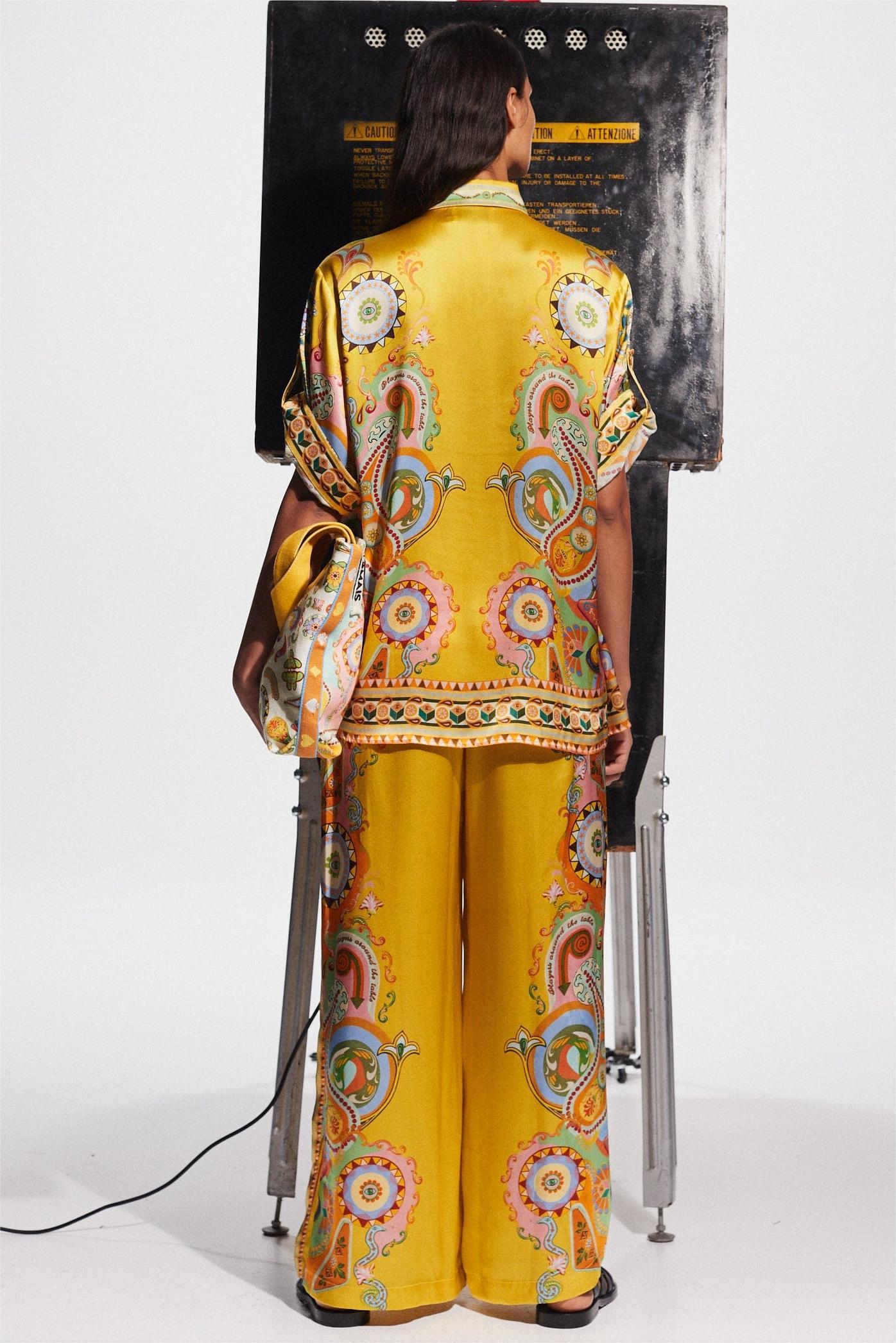 Paisley Print Satin Bottom Top ＆ Mid Waist Pants Set