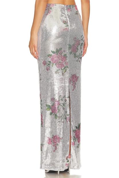 Floral Sequin High Waist Midi Skirt