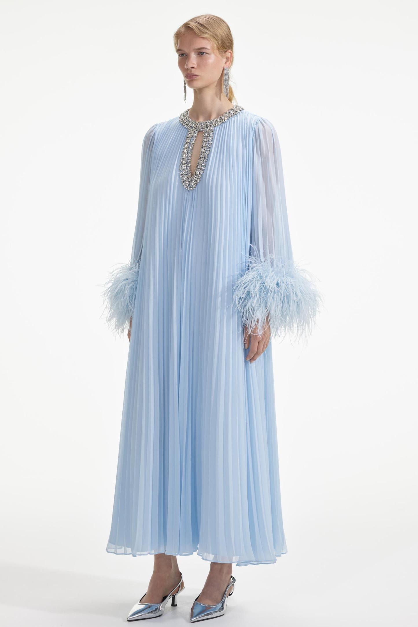 Pleat Feather Rhinestone Midi Dress Blue