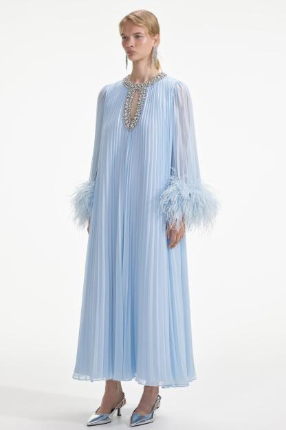 Pleat Feather Rhinestone Midi Dress Blue