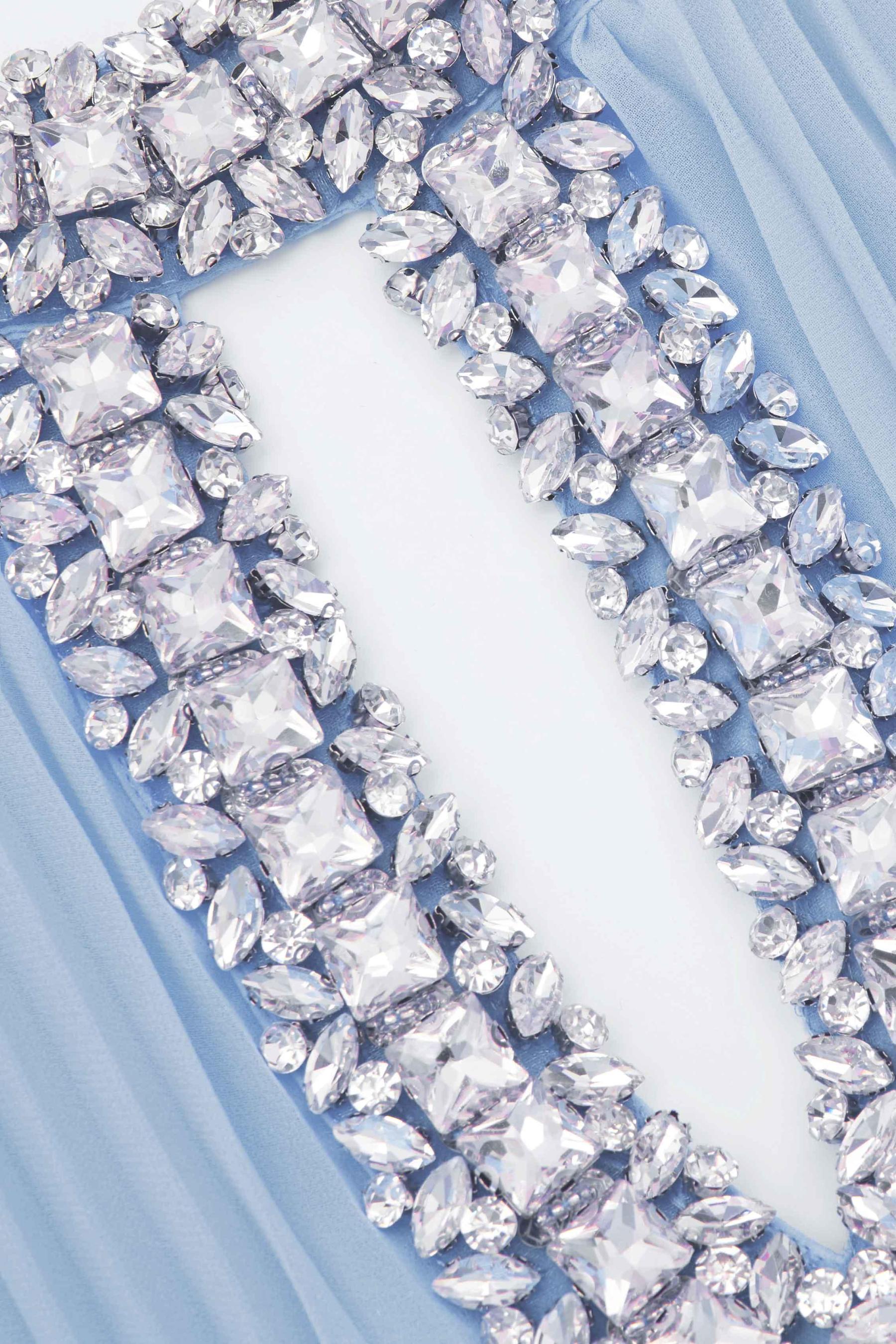 Pleat Feather Rhinestone Midi Dress Blue