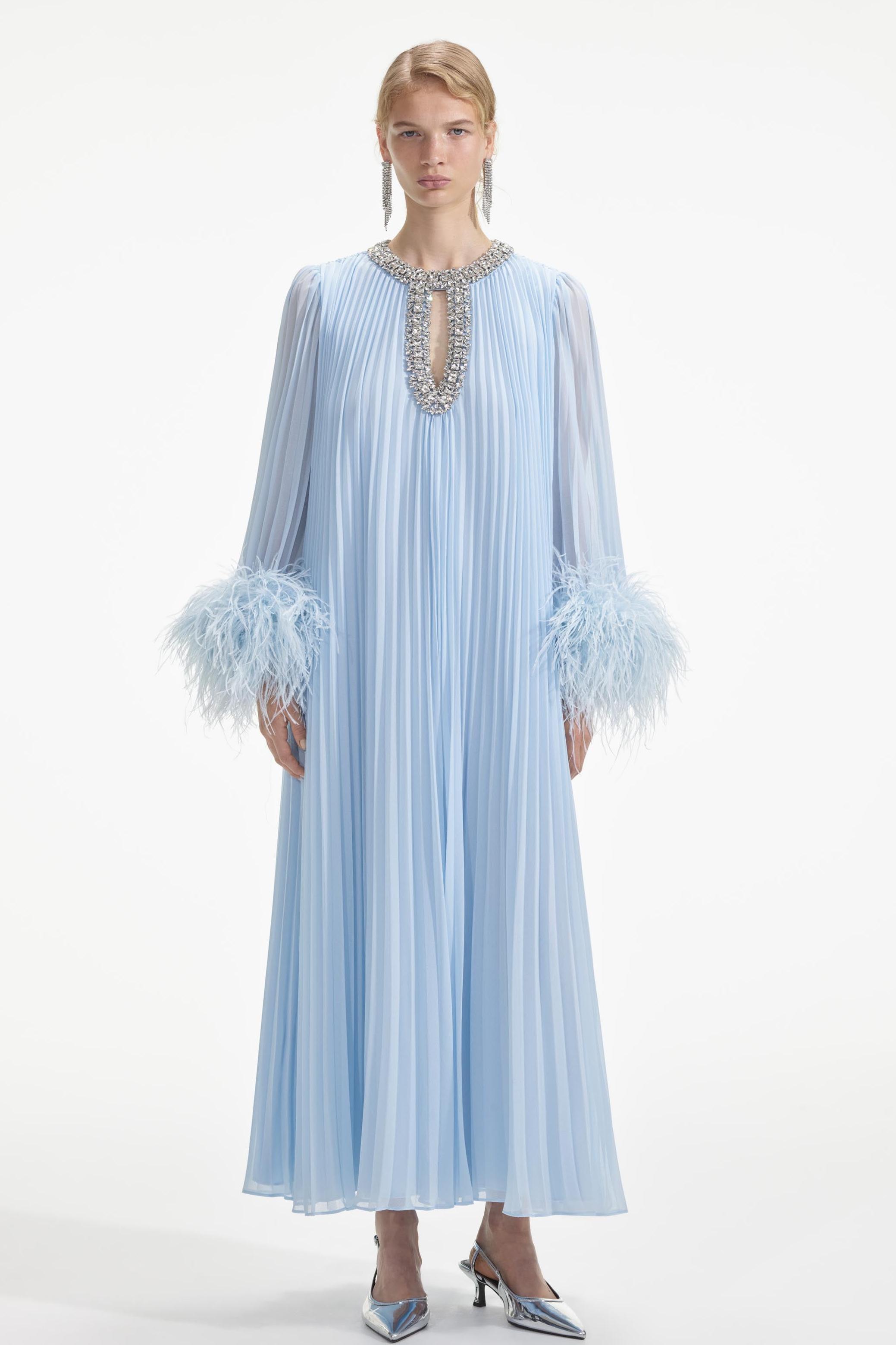Pleat Feather Rhinestone Midi Dress Blue