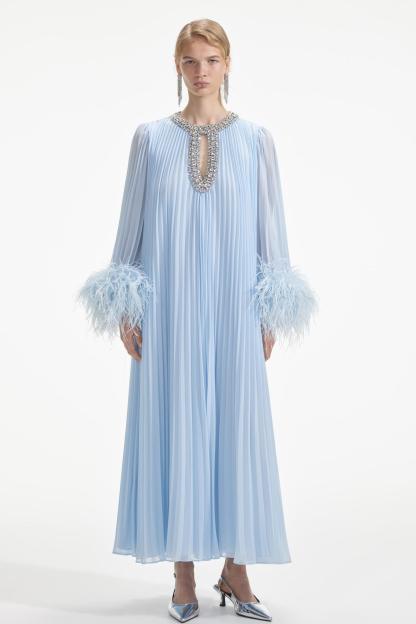 Pleat Feather Rhinestone Midi Dress Blue