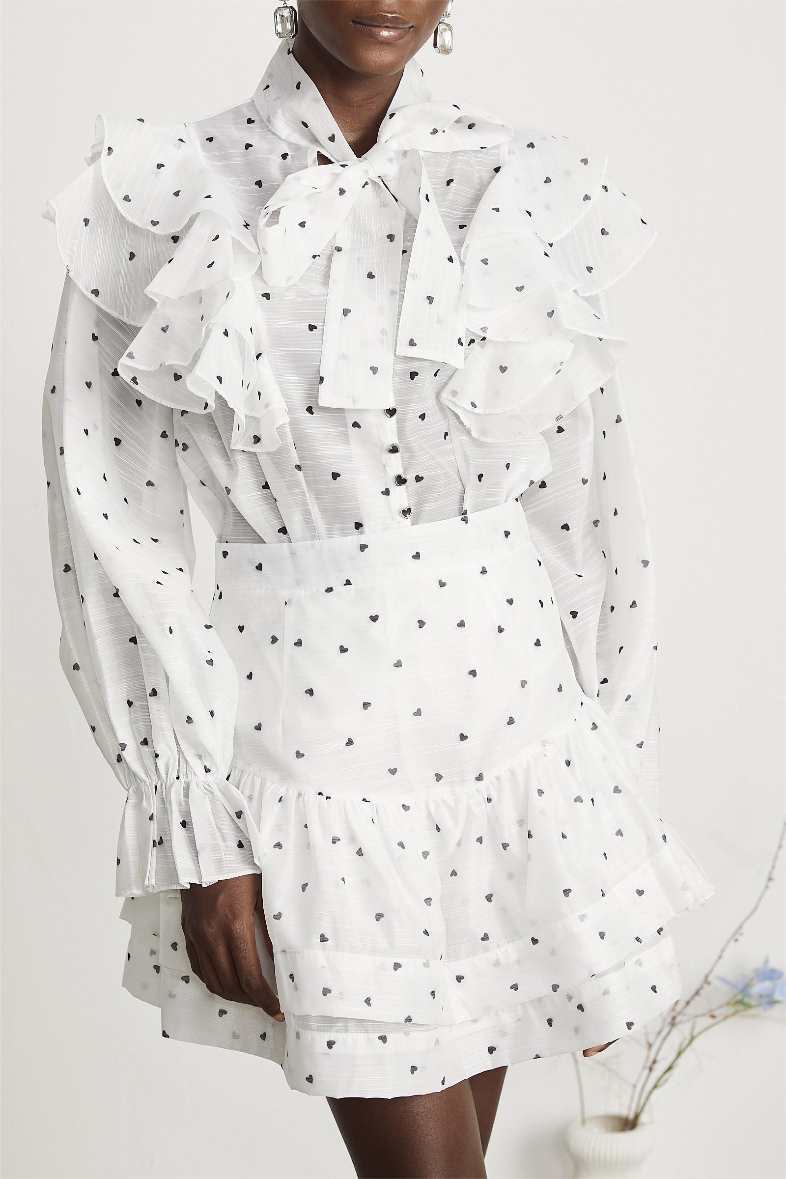 Heart Shape Button Ruffle Top & High Waist Skirt Set