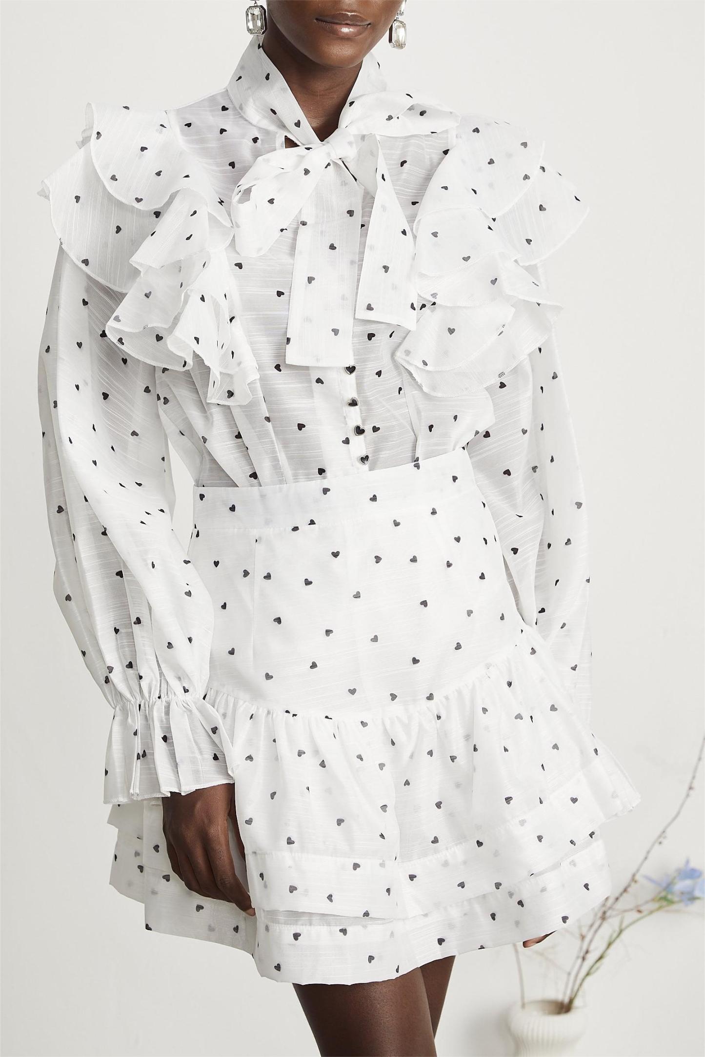 Heart Shape Button Ruffle Top & High Waist Skirt Set