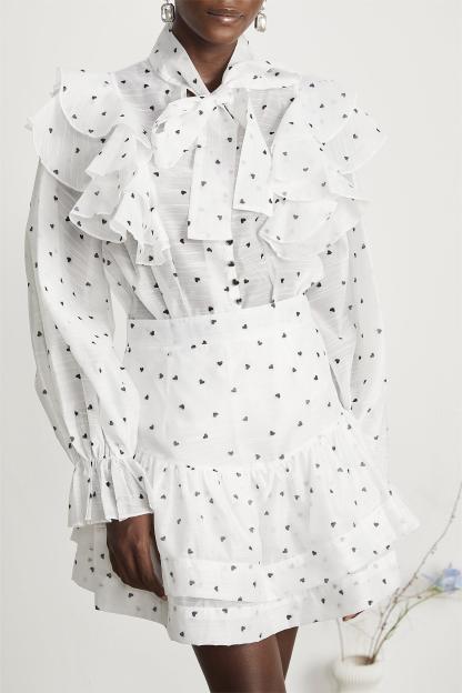 Heart Shape Button Ruffle Top & High Waist Skirt Set