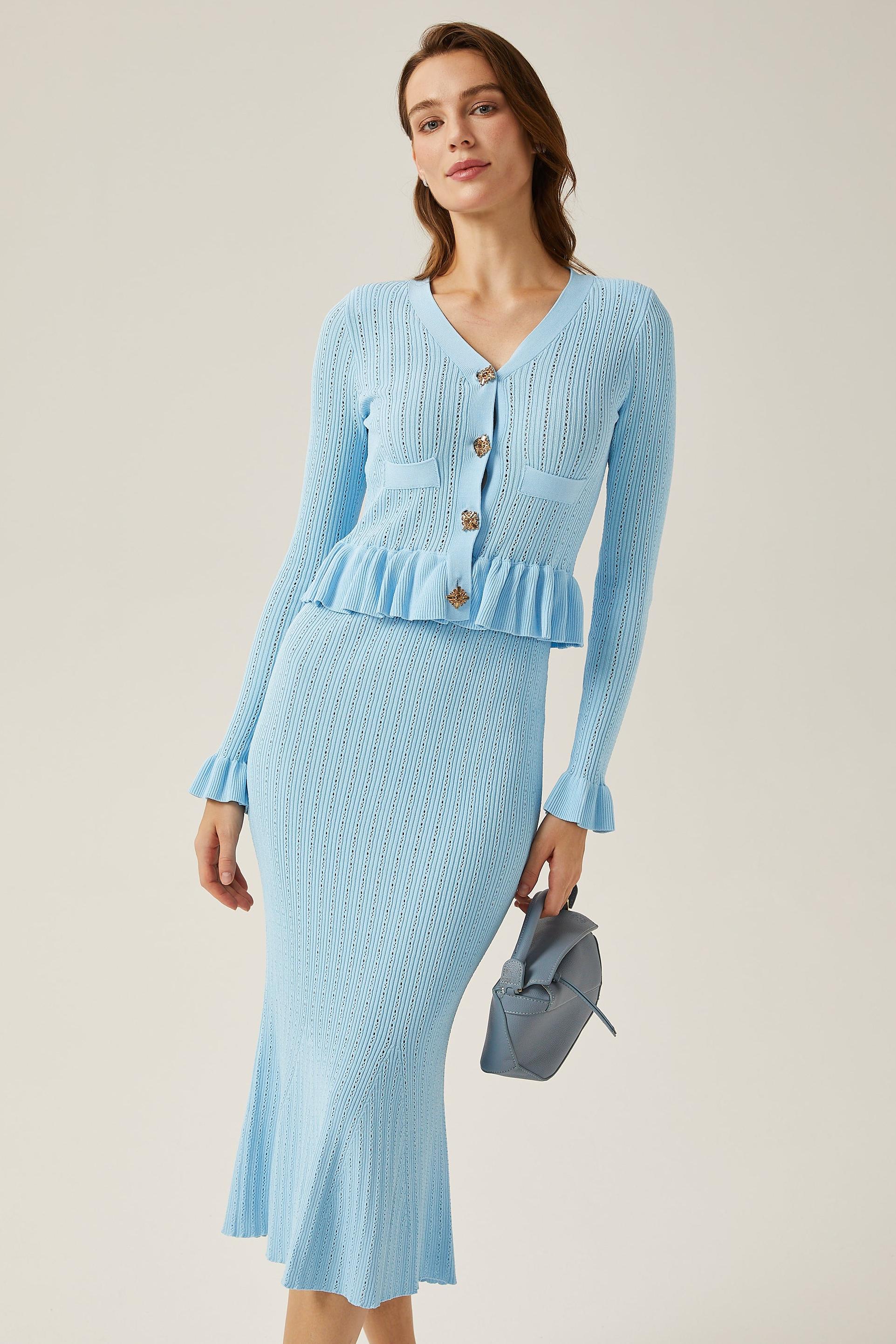 Solid Metal Bottom Top ＆ High Waist Knit Midi Skirt Set Blue