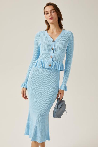 Solid Metal Bottom Top ＆ High Waist Knit Midi Skirt Set Blue