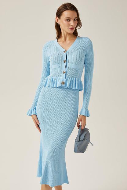 Solid Metal Bottom Top ＆ High Waist Knit Midi Skirt Set Blue